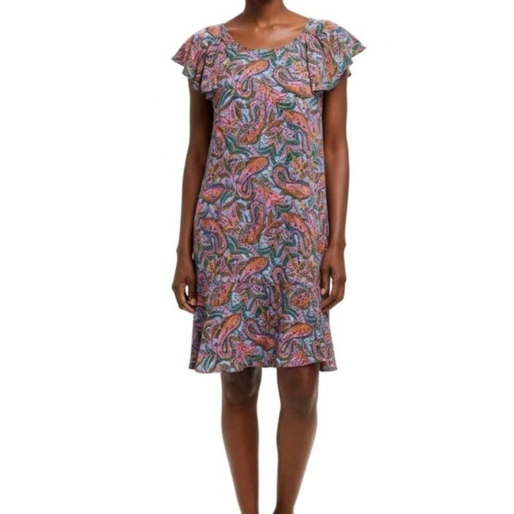 J. Crew Size 10 100% Silk Dress Pink/Blue/Orange Paisley Print Ruffle Sleeve